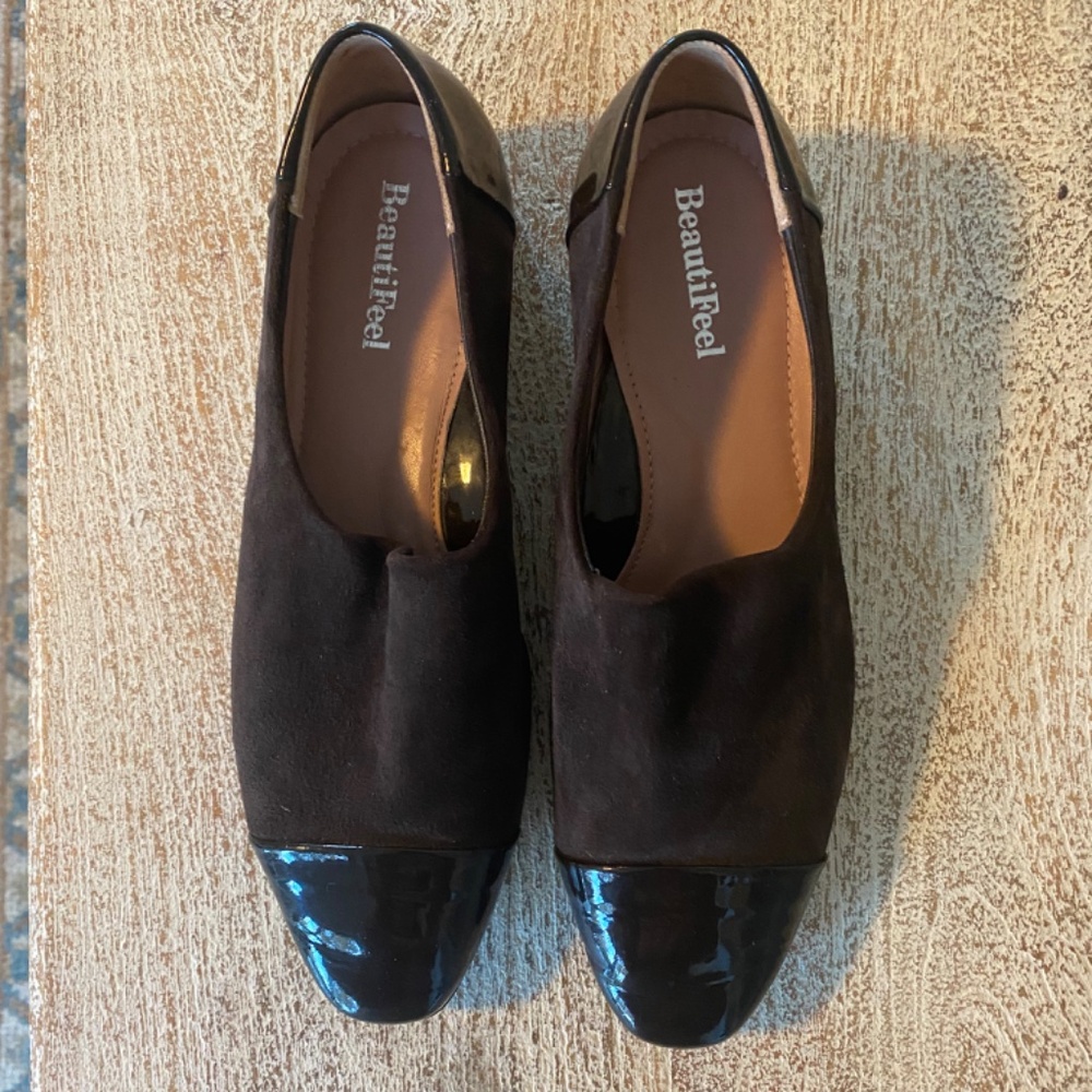 Beautifeel Lucy Shoes Suede Patent Leather Cap Toe Heel Brown Size 37